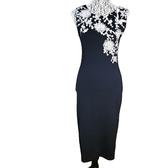 AMISU European Bodycon Strapless Midi Dress with White Floral Design EU 40 US 10 - Picture 1 of 5